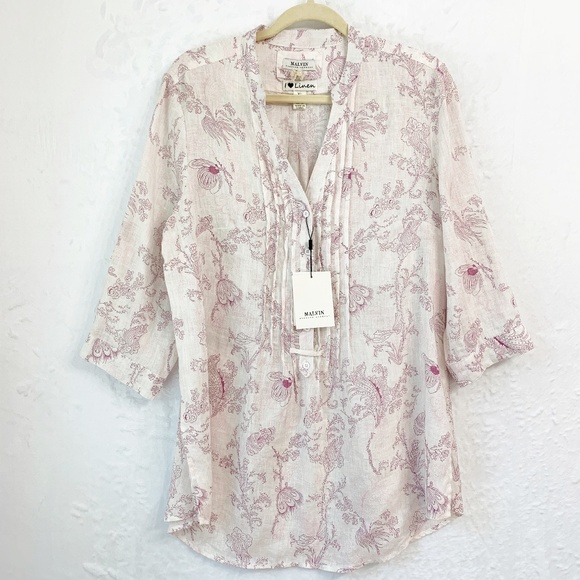 malvin Tops - Malvin I Love Linen Floral Roll Tab Sleeve Tunic Top Sz 12